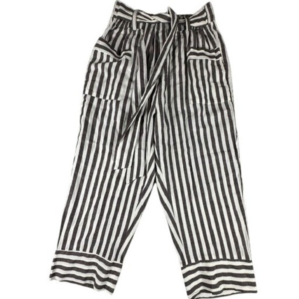 Elsie & Zoey Pants Womens L Brown White Striped Linen Blend Tie Waist Crop NWT